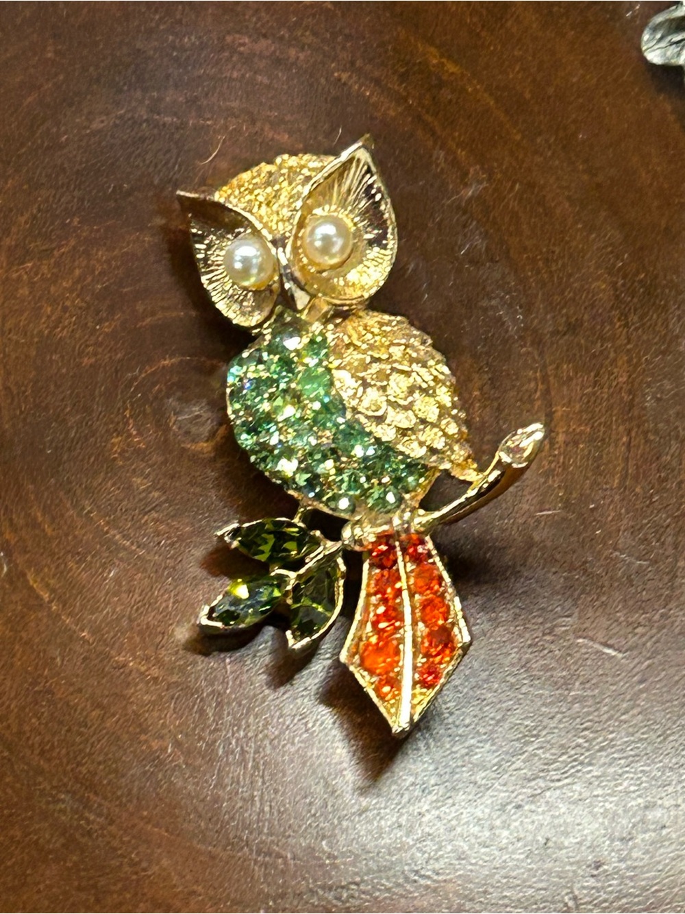 Vintage Gold Owl Brooch with Green and Orange Crystals